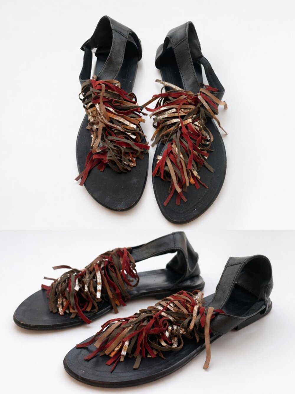 Antik Batik Black Leather Fringe Festive Sandal EU 38 / US 7.5